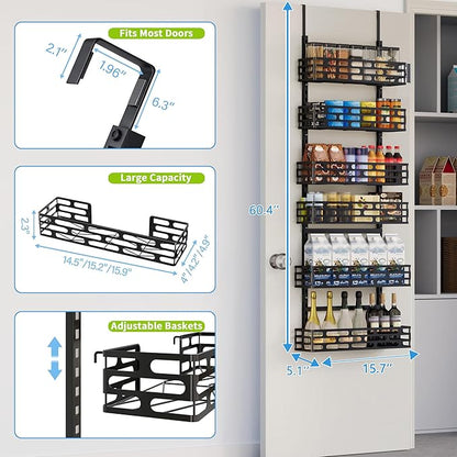 6-Tier Over the Door Pantry Organizer, 60.4"H Adjustable Metal Hanging Storage Rack, 198LBS Heavy Duty Door Mount Organizer for Pantry Laundry Room Bathroom, Black