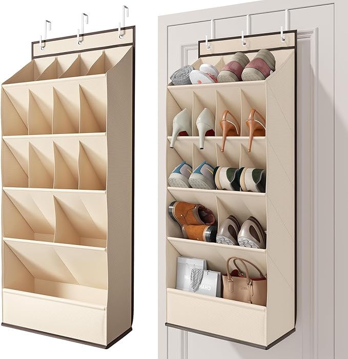 18 Pairs Over the Door Shoe Organizer, Shoe Rack for Closet Door with Large Breathable Pockets, Hanging Shoes Rack for Boots, Behind the Door Organizer Shoe Holder for Categorized Storage, Beige ﻿