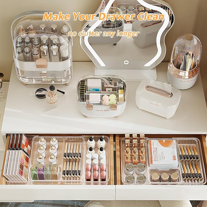 Qivine Expandable Acrylic Drawer Organizer, Clear Makeup Drawer Organizer Trays, 11 to 19In Adjustable Kitchen Utensil Organizer with 5 Compartments Expandable for Makeup Silverware Office Bathroom
