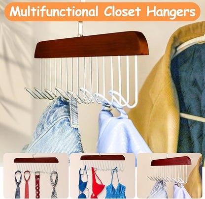 2Pcs Anti Slip Multi Hook Coat Racks,Bra Hangers for Closet Organizer with 8 Hooks 360 °Swivel Belt Hanger for Closet for Belt, Tie, Tank Top, Bra, Scarf (Brown)