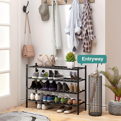 viewcare Black 4-Tier Long Shoe Rack, Bamboo Wood, 33-Inch