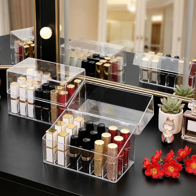 Foraineam 3 Pack Lipstick Holder Organizer with Lid, 18 Spaces Clear Acrylic Lipstick Display Stand Container, Dust-proof Beauty Makeup Storage Case for Cosmetic Dresser Vanity Cabinet Display