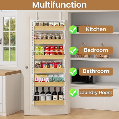 POKIPO 6 Tier Over The Door Pantry Organizer, 2-in-1 Door Hanging or Wall Mounted Spice Rack, Large Heavy Duty Pantry Door Storage Seasoning Shelves with Adjustable Basket for Kitchen Bathroom Closet