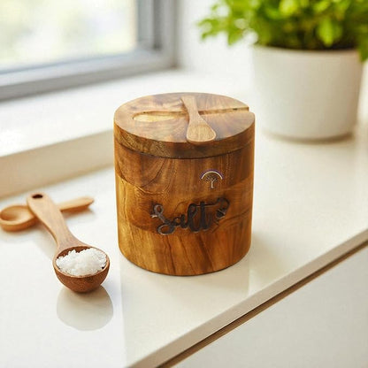 Handcrafted Wooden Salt Box with Lid & Spoon – Rustic Salt Cellar Storage Keeper for Kitchen