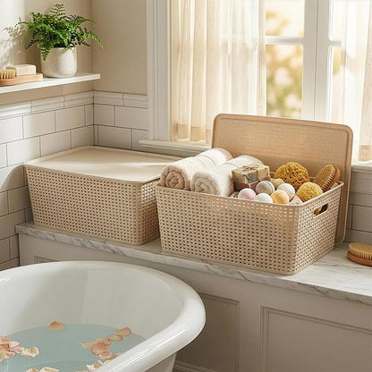BINO | Plastic Storage Baskets with Lids, 33 Liter - 3 Pack, Natural | THE WOVEN COLLECTION | Storage Basket for Shelves | Woven Storage Baskets for Organizing Bins | Pantry Shelf Organizer Bin