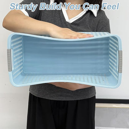 Soddeph Slim Plastic Storage Basket with Handles, Narrow Organizer box for Shelves, Organizer box for Organizing, Kitchen,Home,Office (Blue, Large)