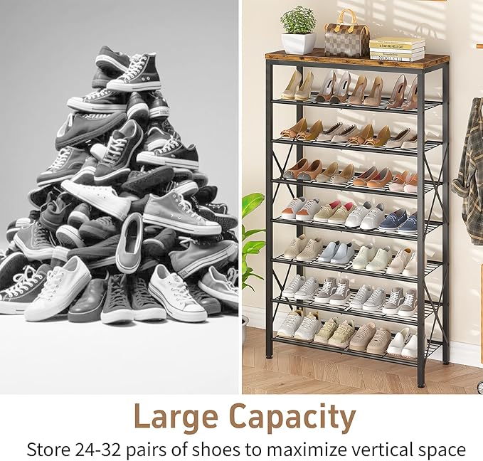8-Tier Metal Shoe Rack for 32 Pairs, Heavy-Duty Shoe Organizer with Rustic Wooden Top, Space-Saving Entryway Shoe Storage for Closet, Garage, Hallway, Bedroom, Black & Rustic Brown