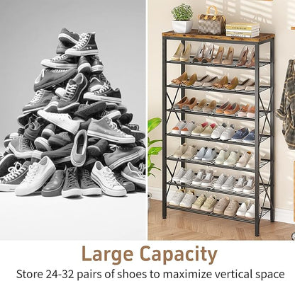 8-Tier Metal Shoe Rack for 32 Pairs, Heavy-Duty Shoe Organizer with Rustic Wooden Top, Space-Saving Entryway Shoe Storage for Closet, Garage, Hallway, Bedroom, Black & Rustic Brown