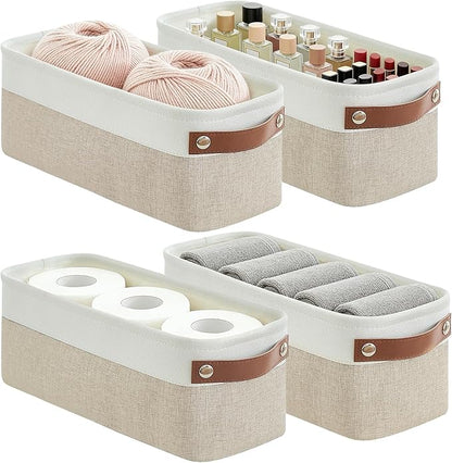 Bagnizer Small Fabric Storage Baskets, 15x6x5 inch Narrow Storage Bins 4-Pack Long Storage Basket for Organizing with Handles, Decorative Basket for Closets, Shelves, Toilet Paper, Beige