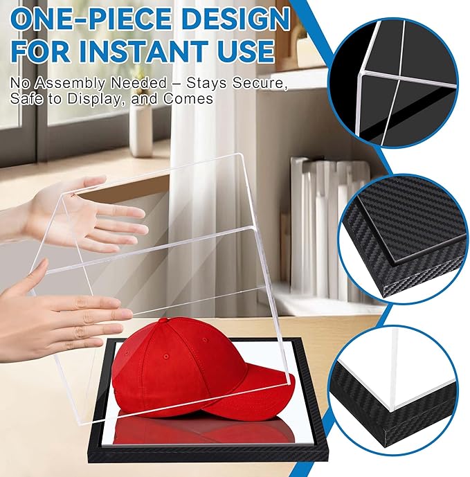 Clear Hat Display Case Acrylic Baseball Cap Holder Stand Transparent Hat Storage Box Dustproof Square UV Protection Cabinet with Carbon Fiber Skin Base and Removable Mirror Base