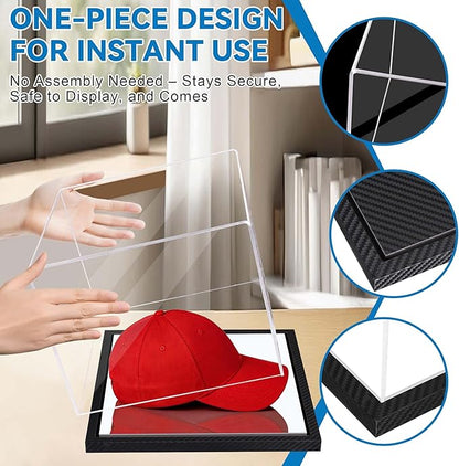 Clear Hat Display Case Acrylic Baseball Cap Holder Stand Transparent Hat Storage Box Dustproof Square UV Protection Cabinet with Carbon Fiber Skin Base and Removable Mirror Base