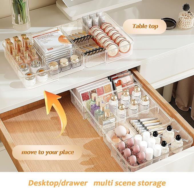 Qivine Expandable Acrylic Drawer Organizer, Clear Makeup Drawer Organizer Trays, 11 to 19In Adjustable Kitchen Utensil Organizer with 5 Compartments Expandable for Makeup Silverware Office Bathroom