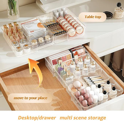 Qivine Expandable Acrylic Drawer Organizer, Clear Makeup Drawer Organizer Trays, 11 to 19In Adjustable Kitchen Utensil Organizer with 5 Compartments Expandable for Makeup Silverware Office Bathroom