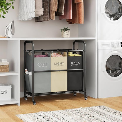 Tajsoon 3 Bag Laundry Sorter Cart, Laundry Hamper Sorter Basket with Heavy Duty Lockable Rolling Wheels for Clothes Storage, 3 Colors