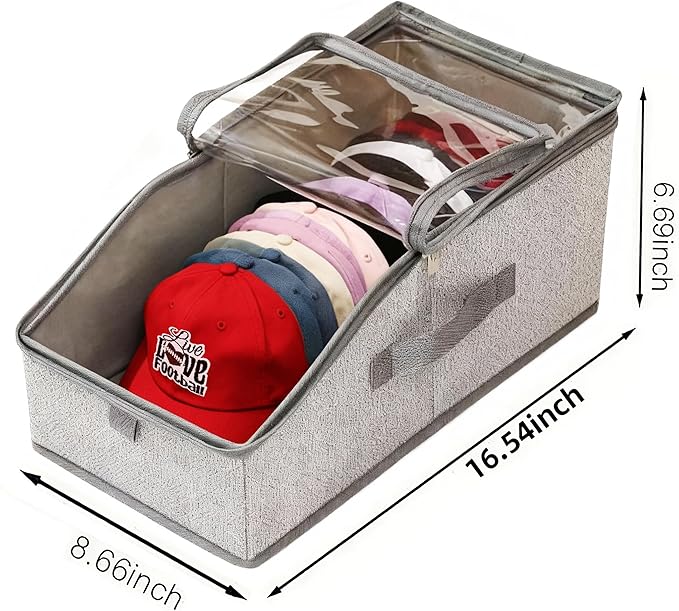 Stackable Hat Storage for Baseball Caps Clear Window Lid Large Space-Saving Hat Organizer for Closet, RV,Clothing Shelf, Sturdy Snapback Boxes Made of Breathable Fabric