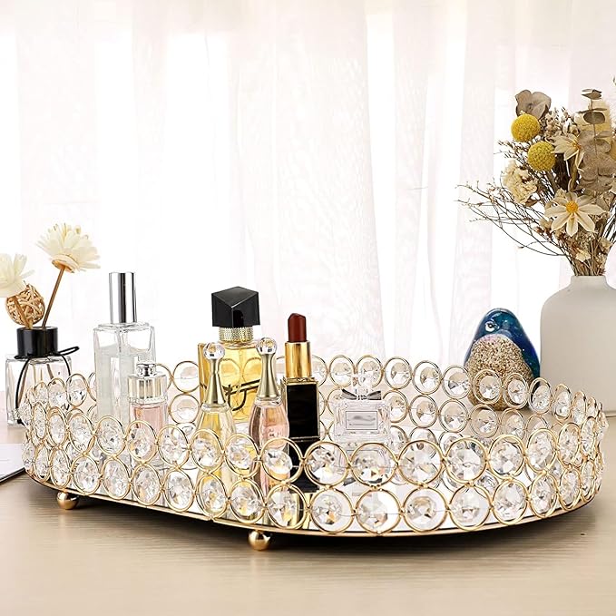 Hipiwe Crystal Vanity Tray Mirrored Dresser Perfume Trays for Makeup Tray Cosmetic Skin Care Storage, Jewelry Trinket Organizer Tray for Bathroom Countertop Home Decor (Large, Gold)