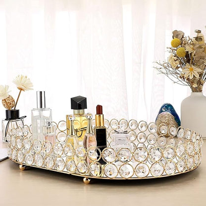 Hipiwe Crystal Vanity Tray Mirrored Dresser Perfume Trays for Makeup Tray Cosmetic Skin Care Storage, Jewelry Trinket Organizer Tray for Bathroom Countertop Home Decor (Large, Gold)