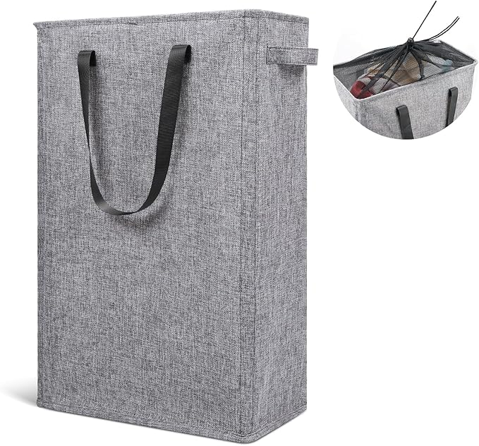 Odonata Slim Laundry Hamper Handles Collapsible Laundry Basket Thin Dirty Clothes Basket Narrow Laundry Bag Foldable Dirty Hamper 45L (Heather Grey)