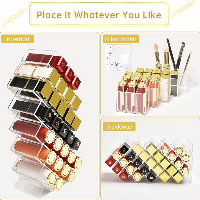 Nimiah Lipstick Organizer Holder 28-Slots - Stackable Clear Fish Shape Lipstick Tower for Vanity, Countertop, Desktop - Space-Saving Storage Holder for Lip Gloss, Makeup Brushes