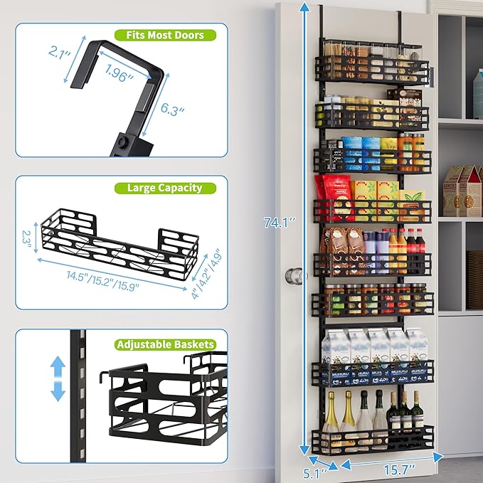 8-Tier Over The Door Pantry Organizer, Metal Pantry Organizers and Storage with Adjustable Basket, Seasoning Shelves for Home & Kitchen, Laundry Room Bathroom, Black