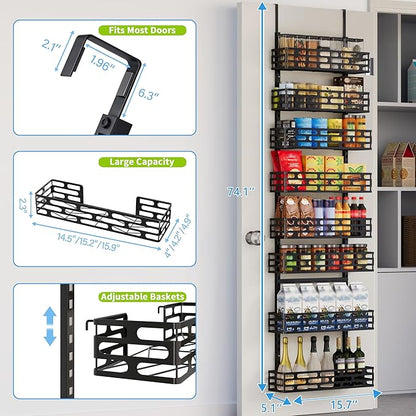8-Tier Over The Door Pantry Organizer, Metal Pantry Organizers and Storage with Adjustable Basket, Seasoning Shelves for Home & Kitchen, Laundry Room Bathroom, Black