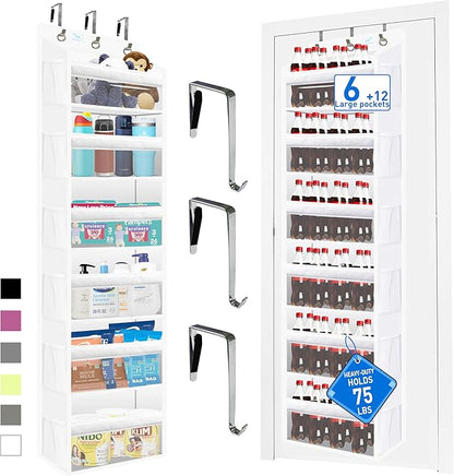 over the door organizer, Solid Bamboo Board (Not Plastic!) 6-Tier Heavy Duty 75LB, 12 Side Pockets, 3 Reinforced Hooks & Anti-Slip Pads, Waterproof & Washable, No Sagging, No Door Damage,White