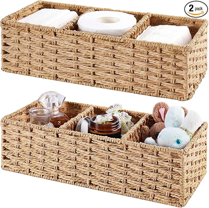 Vagusicc 3-Section Wicker Baskets for Shelves, Hand-Woven Round Paper Rope Wicker Storage Basket, Toilet Paper Basket for Toilet Tank Top, Baskets for Organizing, 2-Pack