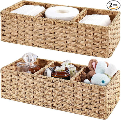 Vagusicc 3-Section Wicker Baskets for Shelves, Hand-Woven Round Paper Rope Wicker Storage Basket, Toilet Paper Basket for Toilet Tank Top, Baskets for Organizing, 2-Pack