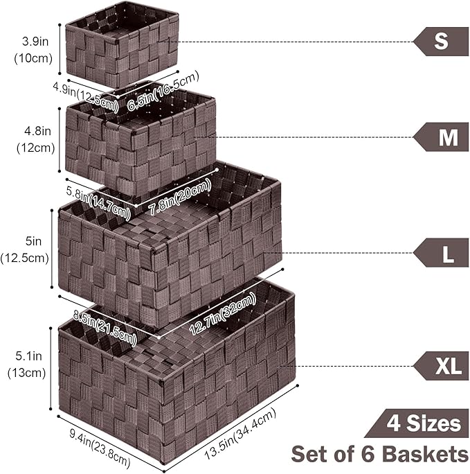 Woven Storage Baskets, Storage Bins, Cube Basket Container Baskets Storage Boxes Organizers for Clothes/Shelves/Closet, Set of 6 (Brown)