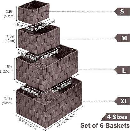 Woven Storage Baskets, Storage Bins, Cube Basket Container Baskets Storage Boxes Organizers for Clothes/Shelves/Closet, Set of 6 (Brown)