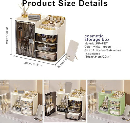 DASITON Makeup Organizer for Vanity,Large Capacity Makeup Storage Organizer with 3-Layer Drawers and Mirror,Cosmetics Display Case Make up Organizers for Vanity,Bedroom,Countertop(Black-Cream)