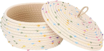 Sea Team Round Cotton Rope Storage Basket with Lid, Colorful Rainbow Pompom Woven Storage Bin, Pot, Caddy, Organizer, Container for Snacks, Towels, Plants, 10 x 4.5 Inches (Small, Shallow, Rainbow)