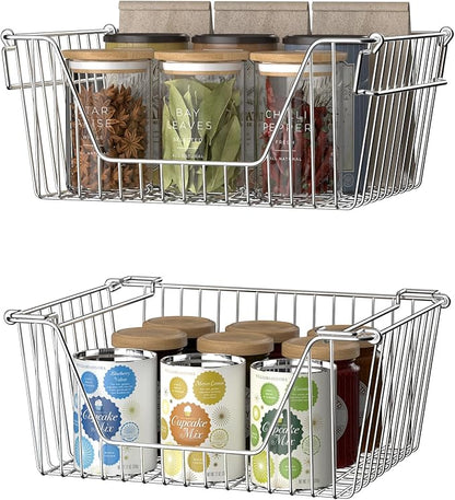 Slideep Stackable Storage Baskets Stainless Steel Cabinet Organizer Sturdy Metal Wire Pantry Freezer Bin for Pantry Home Bathroom Kitchen Organization 6 Packs