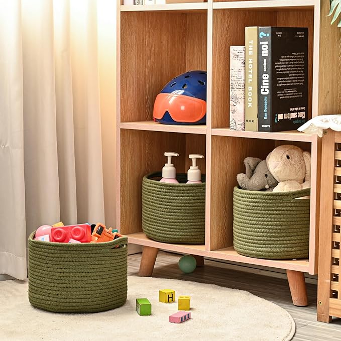 ICERZCZ Small Storage Baskets for Organizing, Organizer Baskets for Shelves, Green Woven Basket for Storage Decor, Small Decorative Cotton Rope Basket, 9.7"×9.7"×7" (3 Packs) Green