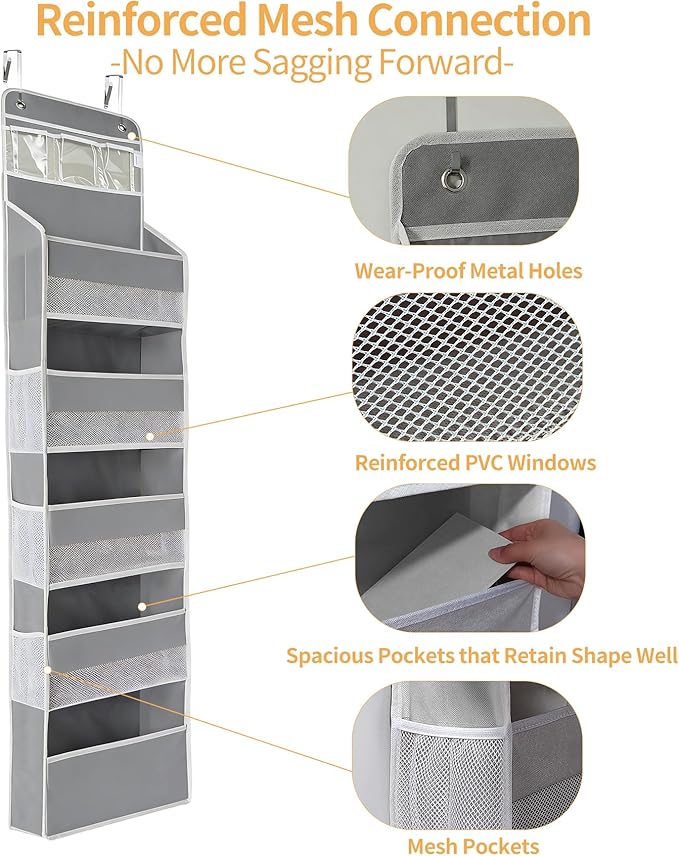 Over the Door Organizer, Door Storage Organizer with Large Capacity Pockets, Hanging Shelves for Bedroom, Closet, Dorm, Pantry (Grey, 6-Tier)
