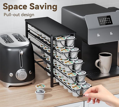 HFHOME Coffee Pod Holder For Counter, Pod Holder for K-cups, 5-tier Metal Coffee Capsule Storage Drawer, 70 Capacity Pods Organizer for Cafe Counter, Home, Office or Kitchen,3 cup rack, Black