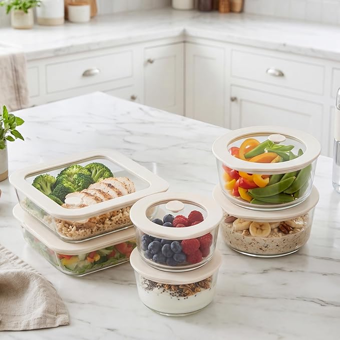 Urban Green Glass Food Container Set with Glass Lid, 6 Pack, Food Storage Containers Set, Airtight, LeakProof, Micowave Safe, 100% Plastic Free, Meal Prep Containers (White Color)