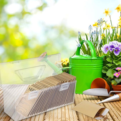Plastic Clear Seed Storage Organizer Box with Handle, 1 Seed Saving Packet Container Box with 200 Envelopes and 50 Stickers for Plant Flower Vegetable Garden Lover Gifts