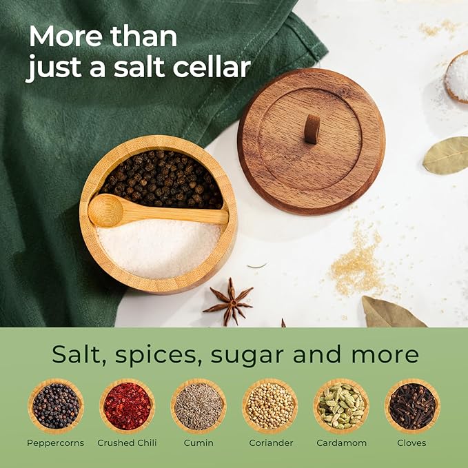keechee Bamboo Salt Cellar with Acacia Lid & Spoon, 7oz Capacity with Built-In Spoon Slot & Labels, Two-Tone Countertop Seasoning Container (Dual Compartment (Divided) - 1 Pack)