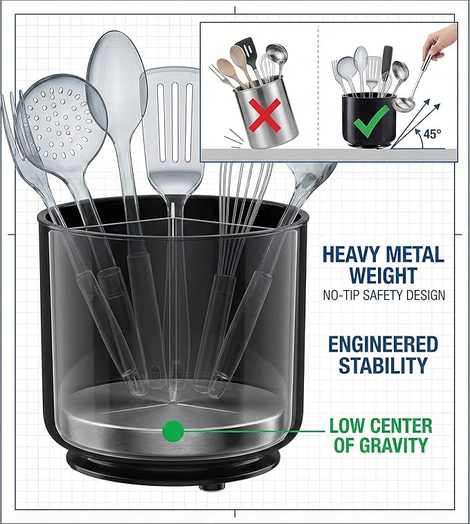 Cooler Kitchen Jumbo Extra Large Sturdy Rotating Black Utensil Holder Caddy with No-Tip Weighted Base, and Gripped Insert - Rust Proof and Dishwasher Safe Kitchen Utensils Holder