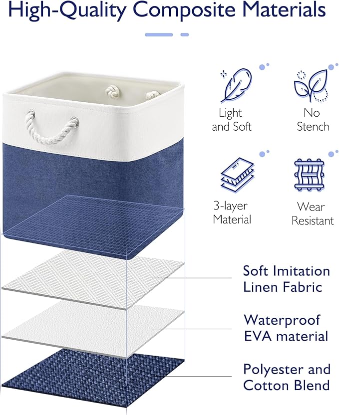 Patvingot 13x13x13 Cube Storage Bins,4 Pack Large Foldable Fabric Storage Cubes with Handles for Organizing Home, Closet, Shelf, Office(White&Blue)