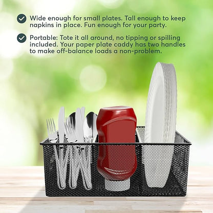 Utensil Holder for Party Hosting Essentials 4 Silverware Carrier Slots, 1 Small Paper Plate Holder, 2 Side Handles – Condiment, Grill Flatware Caddy Outdoor Cutlery Caddy (Black)