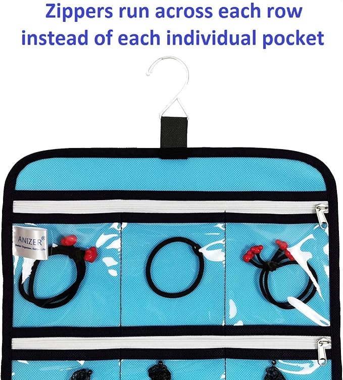 Hanging Jewelry Organizer with 10 Zippered Clear Pockets for Travel Suitcase and Home Closet Jewelry Storage Bag (BLUE)