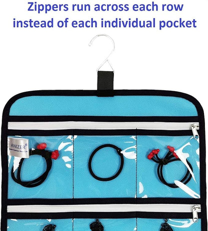 Hanging Jewelry Organizer with 10 Zippered Clear Pockets for Travel Suitcase and Home Closet Jewelry Storage Bag (BLUE)