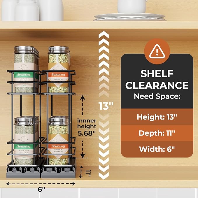 Mystozer Pull Out Spice Rack Organizer for Cabinet, Slide Out Spice Racks, Easy to Install Spice Cabinet Organizers, 5.2" Wx10.43 Dx8.26 H, 2 Packs 2 Tiers(Black)