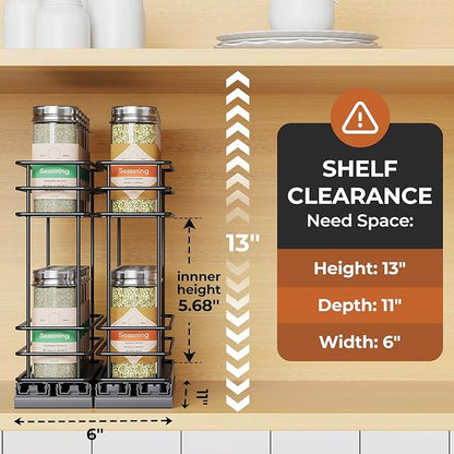 Mystozer Pull Out Spice Rack Organizer for Cabinet, Slide Out Spice Racks, Easy to Install Spice Cabinet Organizers, 5.2" Wx10.43 Dx8.26 H, 2 Packs 2 Tiers(Black)