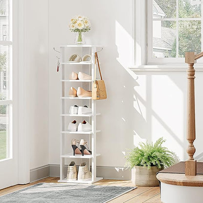 HOOBRO 8 Tiers Vertical Shoe Rack, Wooden Shoe Storage Organizer with Hooks, Narrow Shoe Tower for 8 Pairs, Space Saving, for Entryway, Living Room, Bedroom, White WT07XJ01G1