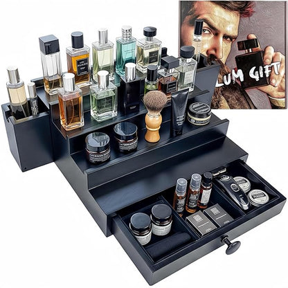 Wooden Cologne Organizer for Men 4 Tier | Black Perfume Holder Shelf for Dresser | High Grade Velvet Lining and Stylish Gift Box | Uncluttered Design Perfume Display Stand