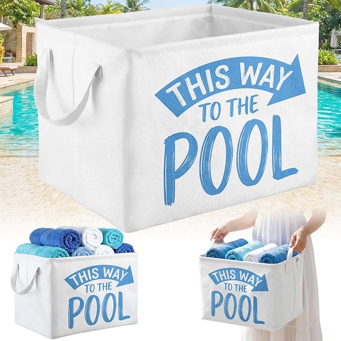 Yungyan This Way to The Pool Towel Storage Basket Bin and Organizer Large Pool Towel Storage Basket Waterproof Canvas Cube with Handle Beach Gift for Outdoor Summer Seaside Home Clothes Book Toy