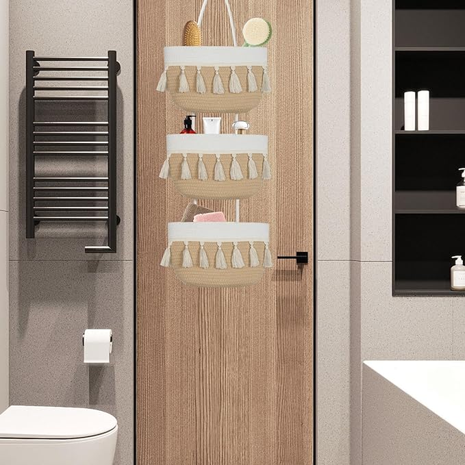Over the Door Organizer Nursery - Cotton Boho Decor 3 Tier Wall Hanging Basket, Decorative Hanging Storage Organizer for Nursery Bathroom Bedroom Laundry Dorm Kitchen